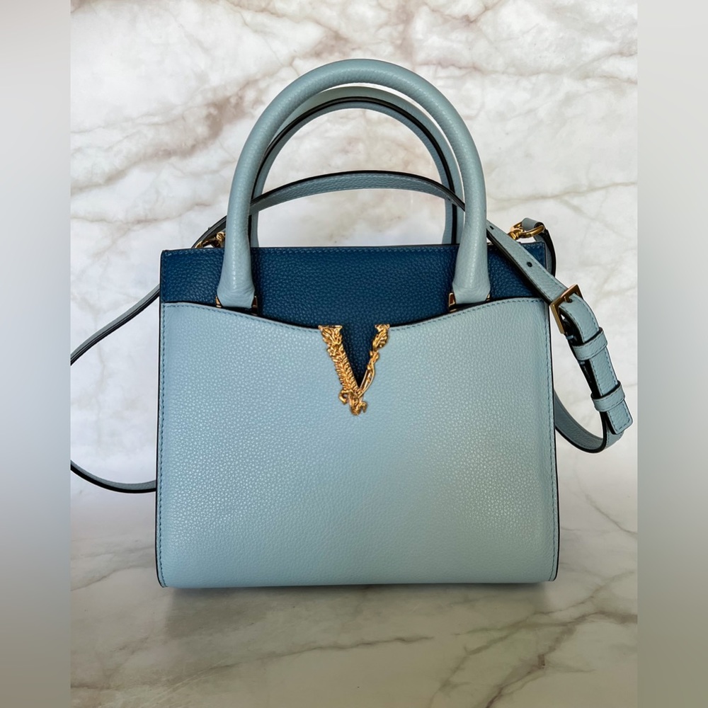 Versace Virtus Light blue & Navy Leather Large Top Handle Bag